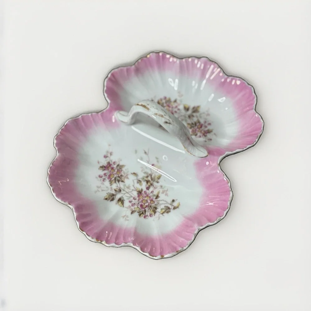 Antique KPM Germany Porcelain Pink Floral Divided Serving Dish Center Handle